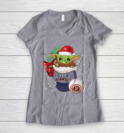 San Francisco Giants Christmas Baby Yoda Star Wars Funny Happy MLB Women's V-Neck T-Shirt 4