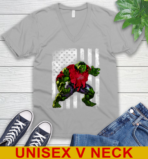 Atlanta Braves Hulk Marvel Avengers MLB Baseball American Flag V-Neck T-Shirt 3
