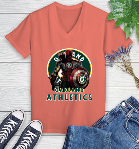 MLB Captain America Thor Spider Man Hawkeye Avengers Endgame Baseball Oakland Athletics Women's V-Neck T-Shirt 6