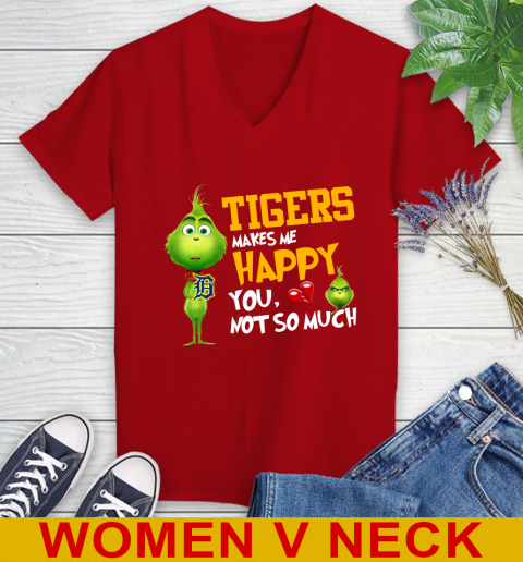 MLB Detroit Tigers Makes Me Happy You Not So Much Grinch Baseball Sports Women's V-Neck T-Shirt 10