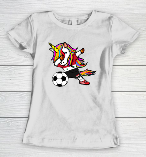 Funny Dabbing Unicorn Syria Football Syrian Flag Soccer Women's T-Shirt