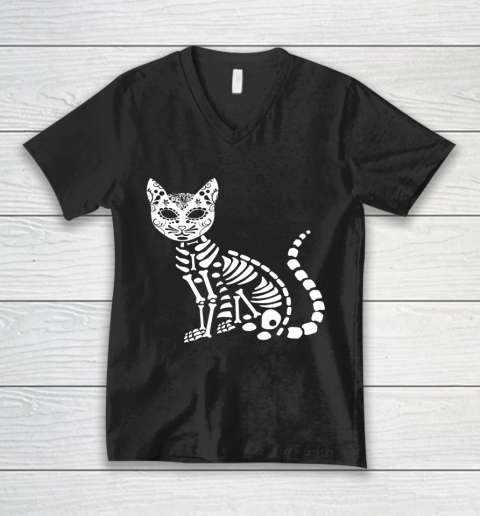 Halloween Shirt For Women and Cat Souls Day Muertos Day Of Dead Cat Sugar Skull V-Neck T-Shirt