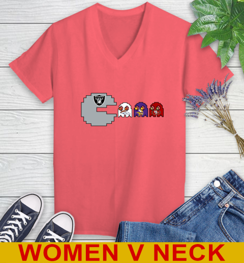 Oakland Raiders NFL Football Pac Man Champion Women's V-Neck T-Shirt 7