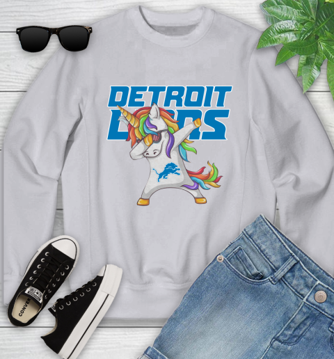 Detroit Lions NFL Football Funny Unicorn Dabbing Sports Youth Sweatshirt 4