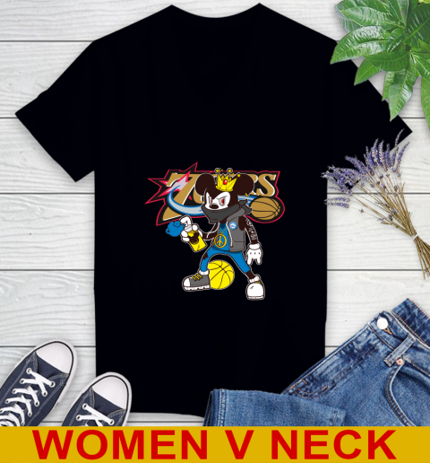 Philadelphia 76ers NBA Basketball Mickey Peace Sign Sports Women's V-Neck T-Shirt 2