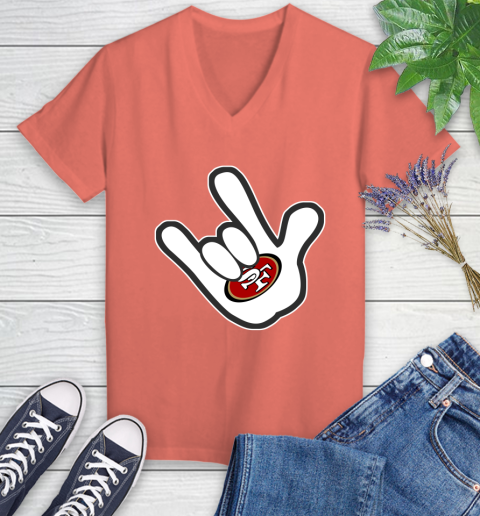 San Francisco 49ers NFL Football Mickey Rock Hand Disney Women's V-Neck T-Shirt 6