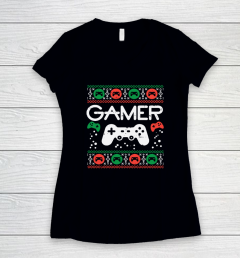Gamer Ugly Christmas Sweater Retro Video Game Xmas Women's V-Neck T-Shirt
