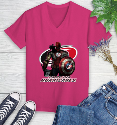 NHL Captain America Thor Spider Man Hawkeye Avengers Endgame Hockey Carolina Hurricanes Women's V-Neck T-Shirt 9