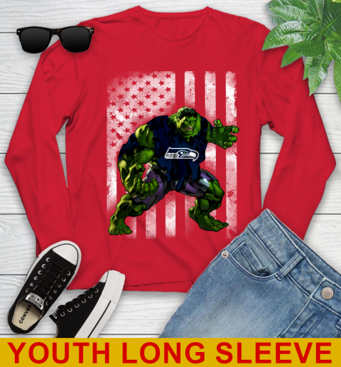 Seattle Seahawks Hulk Marvel Avengers NFL Football American Flag Youth Long Sleeve 11