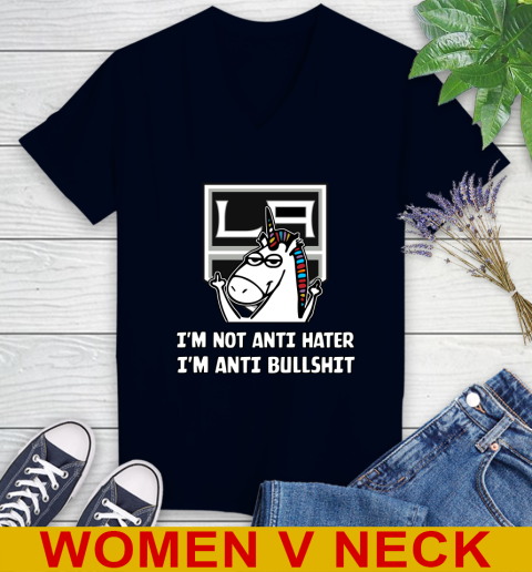 Los Angeles Kings NHL Hockey Unicorn I'm Not Anti Hater I'm Anti Bullshit Women's V-Neck T-Shirt 3