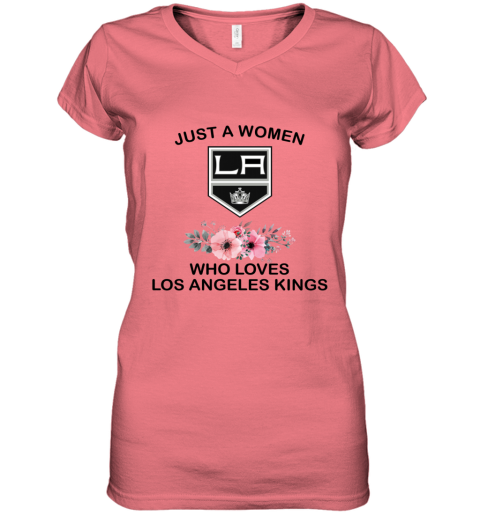 mxgt just a woman who loves los angeles kings women v neck t shirt 39 front coral