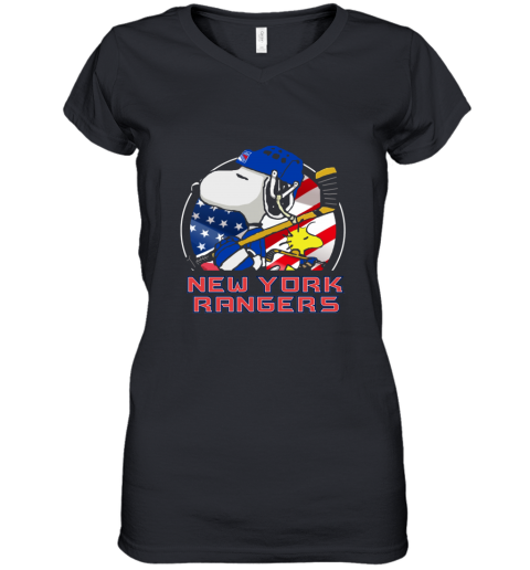 nkex new york rangersnoopy and woodstock nhl women v neck t shirt 39 front black