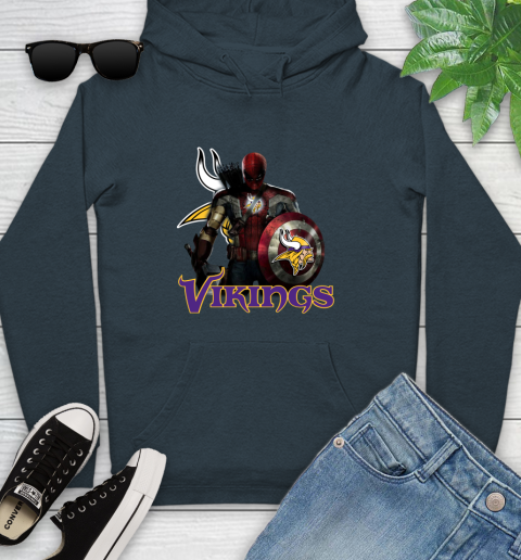 NFL Captain America Thor Spider Man Hawkeye Avengers Endgame Football Minnesota Vikings Youth Hoodie 8