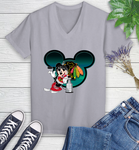 NHL Chicago Blackhawks Stanley Cup Mickey Mouse Disney Hockey T Shirt Women's V-Neck T-Shirt 4