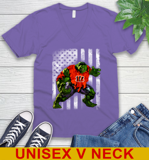 Cincinnati Bengals Hulk Marvel Avengers NFL Football American Flag V-Neck T-Shirt 8