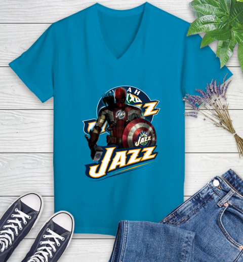 Utah Jazz NBA Basketball Captain America Thor Spider Man Hawkeye Avengers Women's V-Neck T-Shirt 7