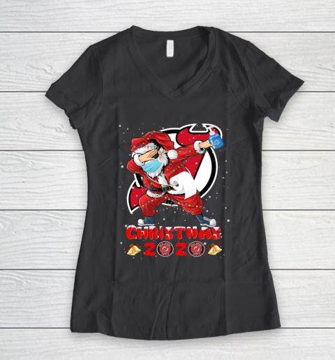 New Jersey Devils Funny Santa Claus Dabbing Christmas 2020 NHL Women's V-Neck T-Shirt 6