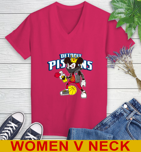 Detroit Pistons NBA Basketball Mickey Peace Sign Sports Women's V-Neck T-Shirt 10