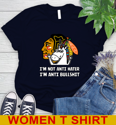 Chicago Blackhawks NHL Hockey Unicorn I'm Not Anti Hater I'm Anti Bullshit Women's T-Shirt 3