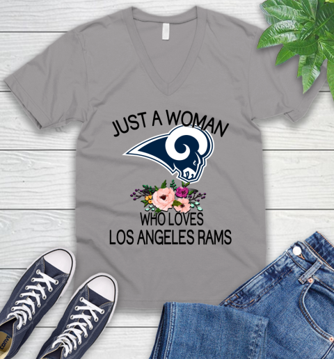 NFL Just A Woman Who Loves Los Angeles Rams Football Sports V-Neck T-Shirt 2