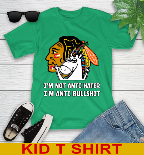 Chicago Blackhawks NHL Hockey Unicorn I'm Not Anti Hater I'm Anti Bullshit Youth T-Shirt 6