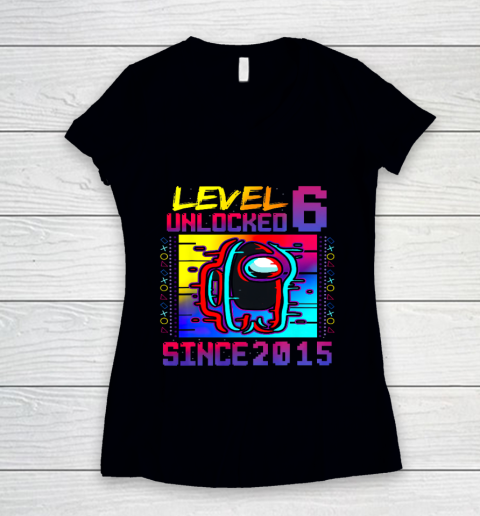 Disstressed Level 6 Unlocked Among With Us 6th Birthday Women's V-Neck T-Shirt