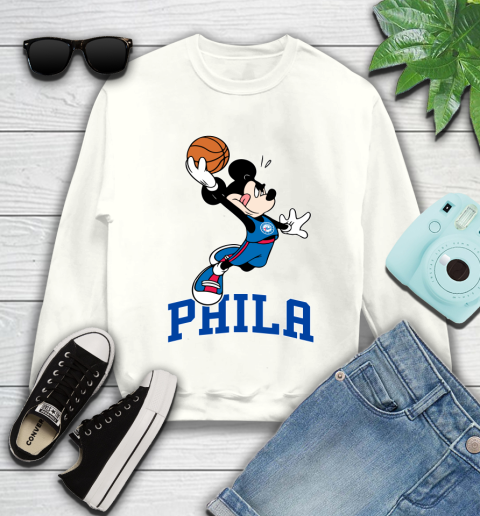 NBA Basketball Philadelphia 76ers Cheerful Mickey Mouse Shirt Youth Sweatshirt 2