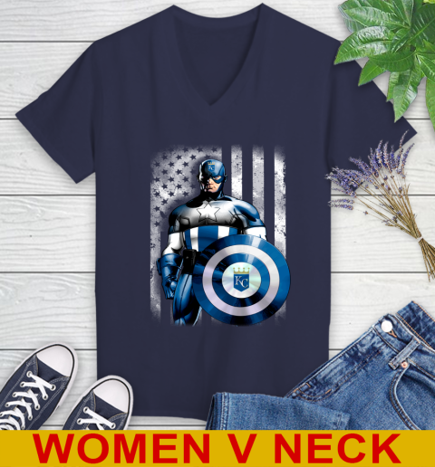 Kansas City Royals MLB Baseball Captain America Marvel Avengers American Flag Shirt Women's V-Neck T-Shirt 12