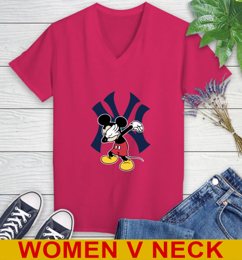 New York Yankees MLB Baseball Dabbing Mickey Disney Sports Women's V-Neck T-Shirt 10