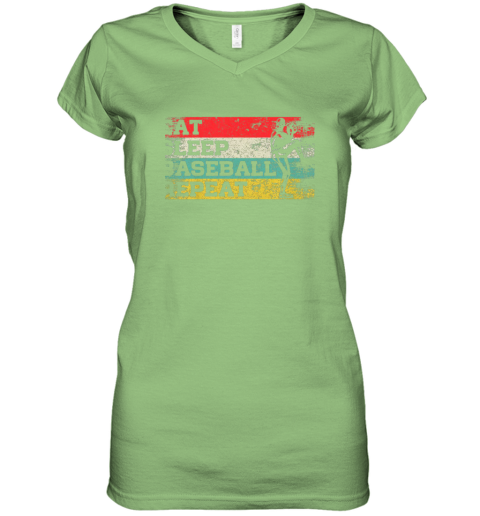xlqb vintage retro eat sleep baseball repeat funny sport player women v neck t shirt 39 front lime