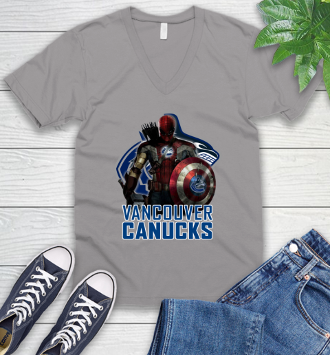 NHL Captain America Thor Spider Man Hawkeye Avengers Endgame Hockey Vancouver Canucks V-Neck T-Shirt 4