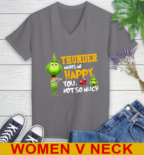 NBA Oklahoma City Thunder Makes Me Happy You Not So Much Grinch Basketball Sports Women's V-Neck T-Shirt 11