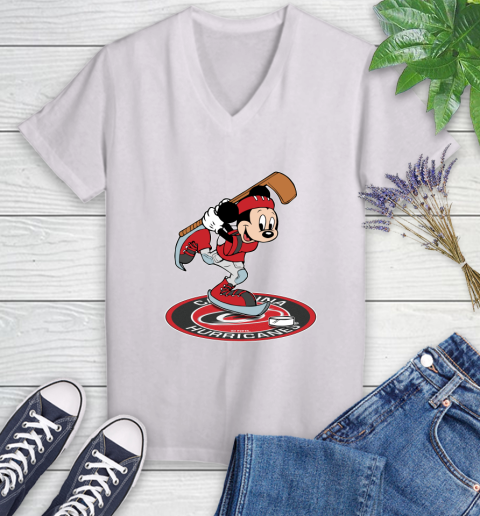 NHL Hockey Carolina Hurricanes Cheerful Mickey Disney Shirt Women's V-Neck T-Shirt 2
