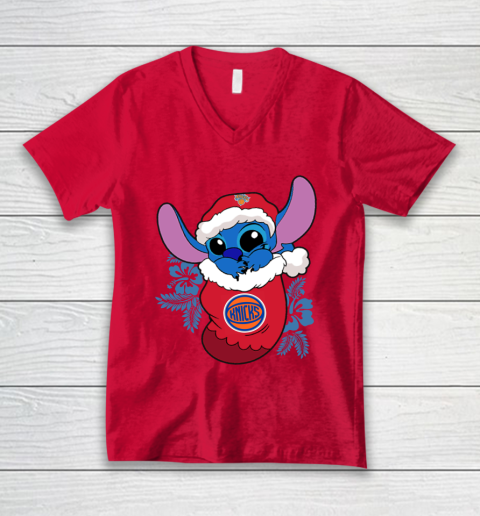 New York Knicks Christmas Stitch In The Sock Funny Disney NBA V-Neck T-Shirt 7
