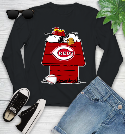 MLB Cincinnati Reds Snoopy Woodstock The Peanuts Movie Baseball T Shirt Youth Long Sleeve 2