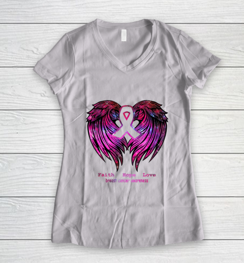 Faith hope love breast cancer awareness pink wings back Women's V-Neck T-Shirt