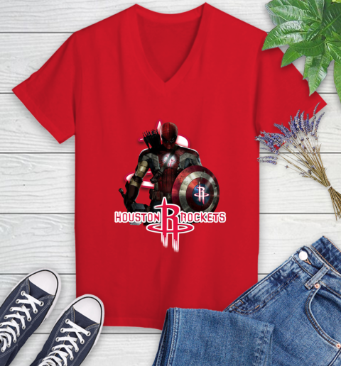 Houston Rockets NBA Basketball Captain America Thor Spider Man Hawkeye Avengers Women's V-Neck T-Shirt 12
