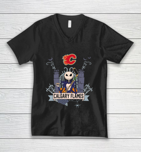 NHL Calgary Flames Hockey Jack Skellington Halloween V-Neck T-Shirt
