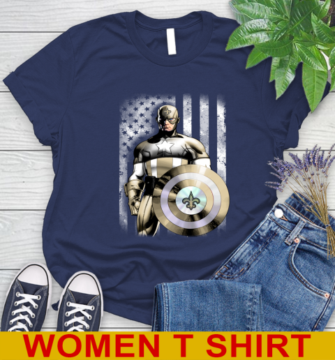 New Orleans Saints NFL Football Captain America Marvel Avengers American Flag Shirt Women's T-Shirt 12