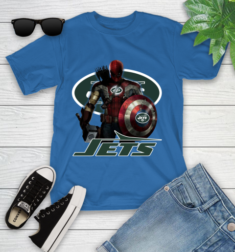 NFL Captain America Thor Spider Man Hawkeye Avengers Endgame Football New York Jets Youth T-Shirt 9
