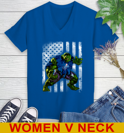 Los Angeles Dodgers Hulk Marvel Avengers MLB Baseball American Flag Women's V-Neck T-Shirt 9