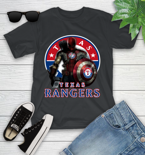 MLB Captain America Thor Spider Man Hawkeye Avengers Endgame Baseball Texas Rangers Youth T-Shirt 2