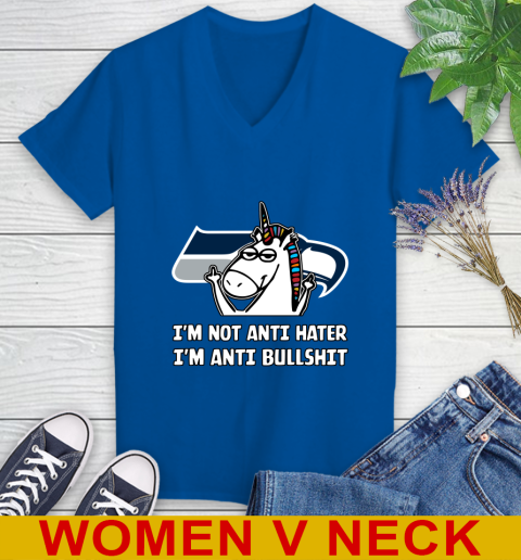 Seattle Seahawks NFL Football Unicorn I'm Not Anti Hater I'm Anti Bullshit Women's V-Neck T-Shirt 11