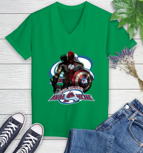 NHL Captain America Thor Spider Man Hawkeye Avengers Endgame Hockey Colorado Avalanche Women's V-Neck T-Shirt 5