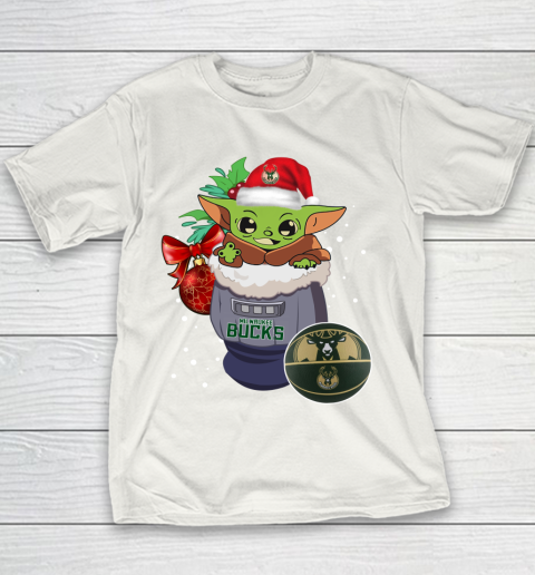 Milwaukee Bucks Christmas Baby Yoda Star Wars Funny Happy NBA Youth T-Shirt 3