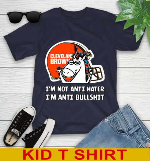 Cleveland Browns NFL Football Unicorn I'm Not Anti Hater I'm Anti Bullshit Youth T-Shirt 3