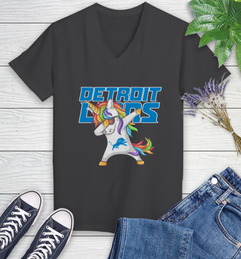 Detroit Lions NFL Football Funny Unicorn Dabbing Sports Women's V-Neck T-Shirt 8