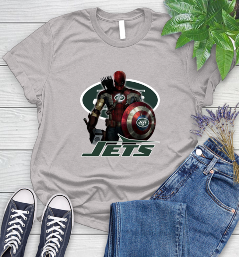 NFL Captain America Thor Spider Man Hawkeye Avengers Endgame Football New York Jets Women's T-Shirt 10