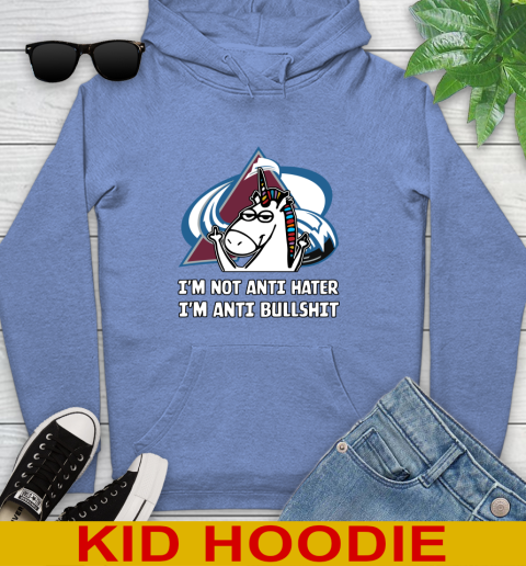 Colorado Avalanche NHL Hockey Unicorn I'm Not Anti Hater I'm Anti Bullshit Youth Hoodie 12