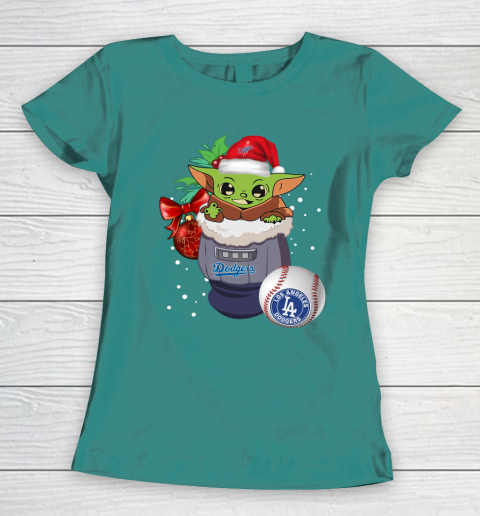 Los Angeles Dodgers Christmas Baby Yoda Star Wars Funny Happy MLB Women's T-Shirt 12